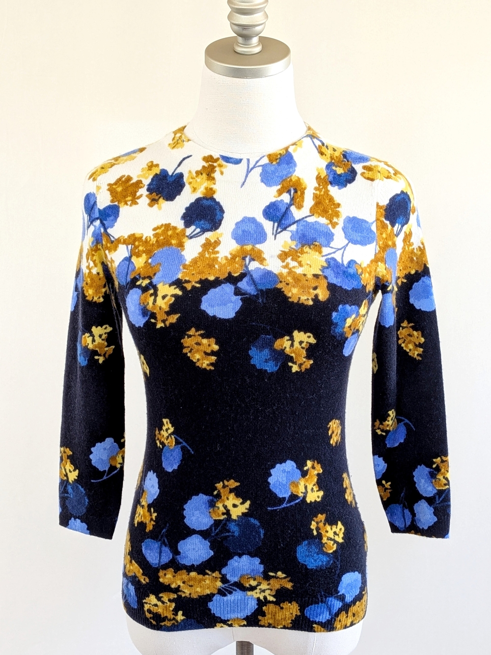 Talbots 100% Cashmere Sweater Floral Pattern Petite Small Blue Gold 3/4 Sleeve